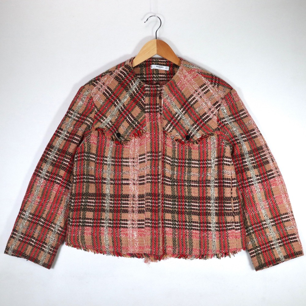 Mango Jacket Women Small Red Tan Plaid Tweed Frayed Trim Statement Collar Work